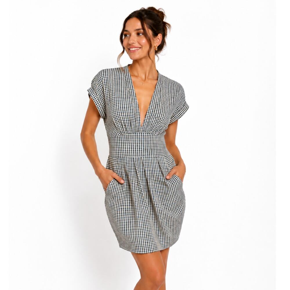 BCBG Max Azria Blue White Gingham Check Dress Size 4 Deep V Neck Pockets Y2K